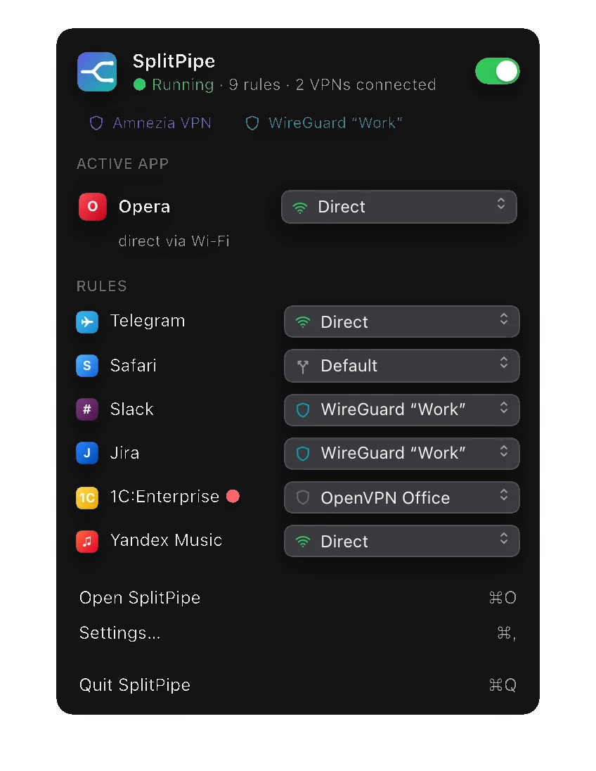The SplitPipe menu in the menu bar: status, connected VPNs, the active app's route and the list of rules.