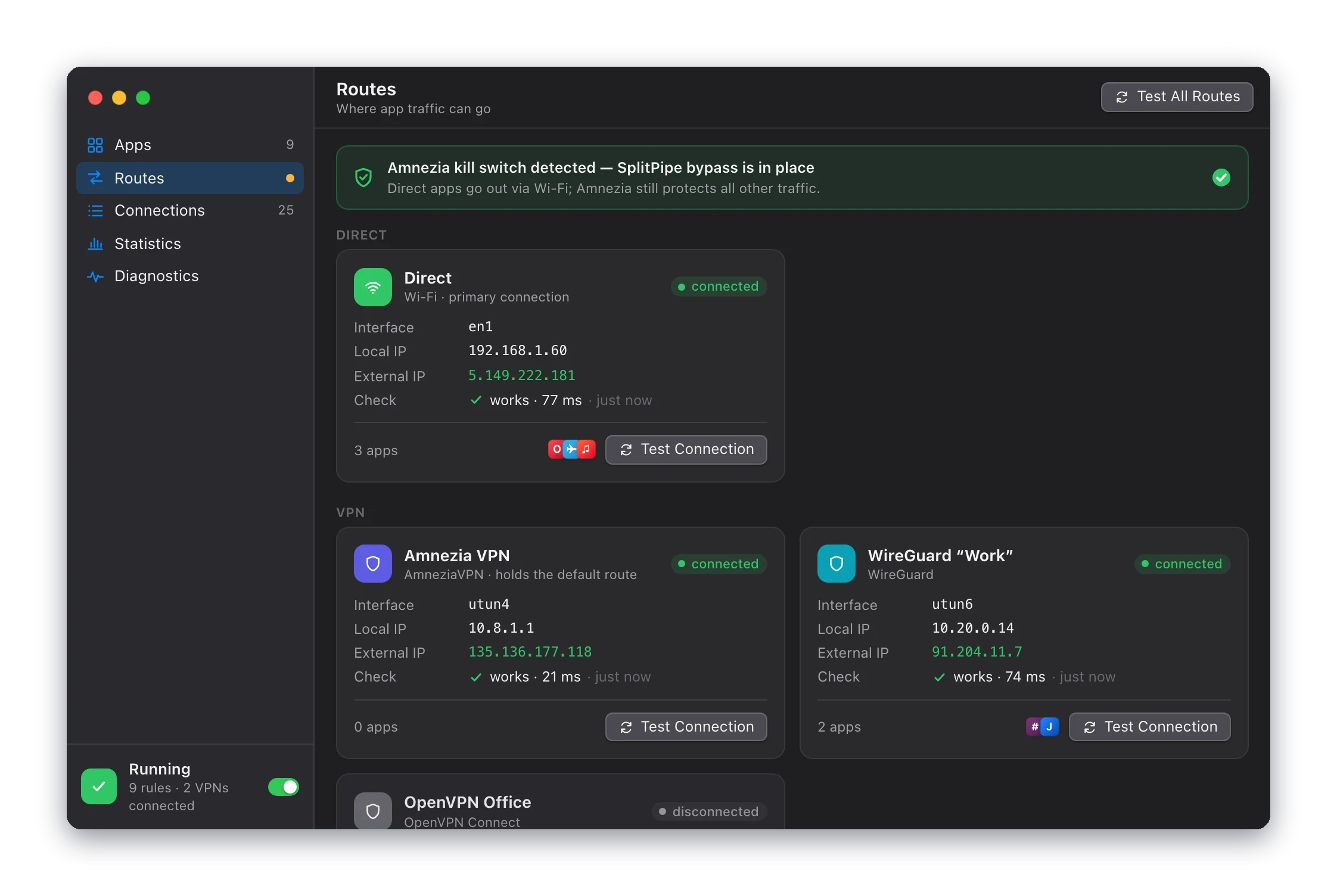 Routes: Wi-Fi and each VPN with its interface, IP addresses and the apps that use it.